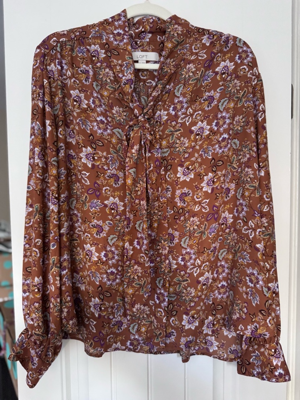 LOFT Brown Floral Tie-Neck Blouse with Purple Accents
